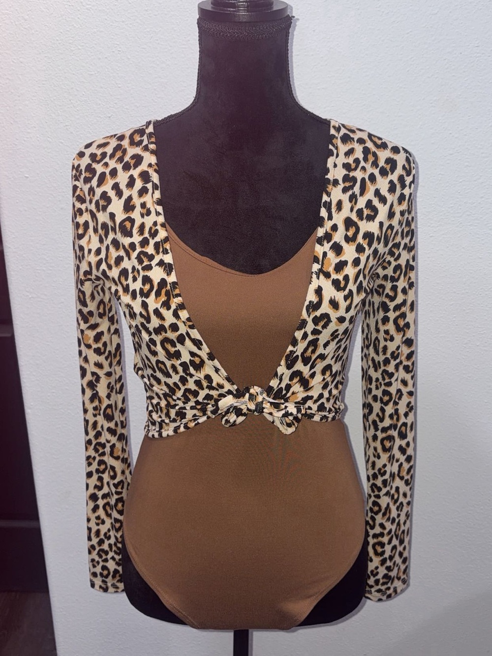 Divided Leopard Print Tie-Front Bolero Shrug - Beige and Brown